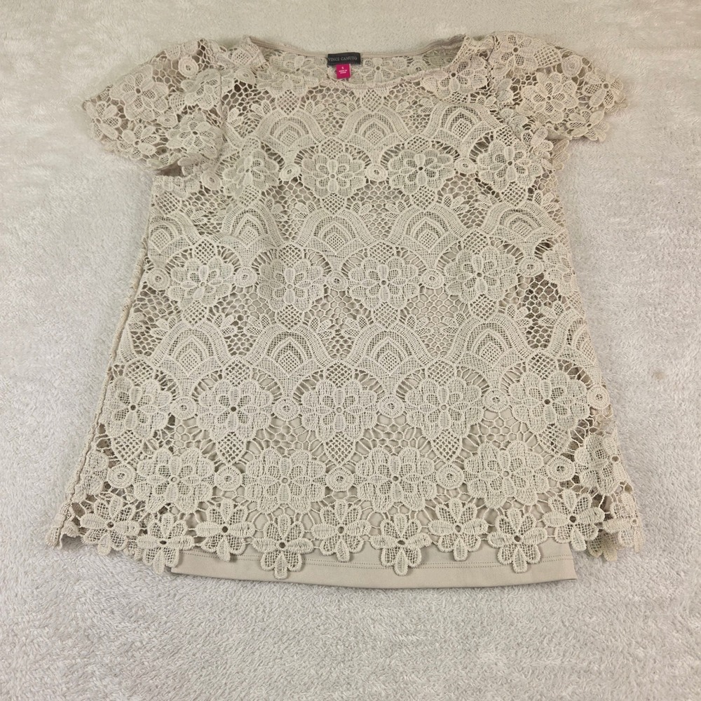Vince Camuto Womens Beige Floral Guipure Lace Short Sleeve Blouse Scoop Neck S - Picture 1 of 6